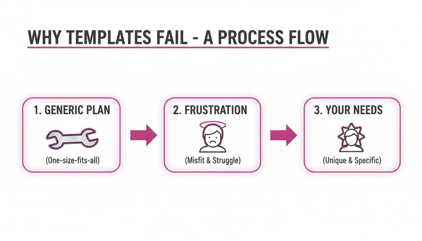 A process flow diagram explaining why generic templates fail, leading to frustration and highlighting unique needs.
