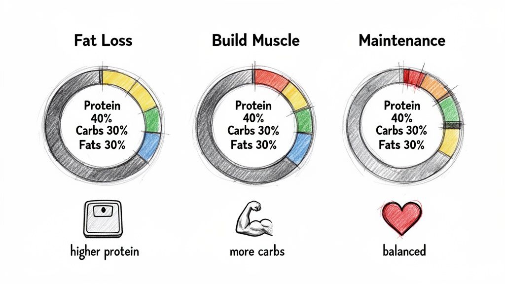 Three charts illustrate a 40% protein, 30% carbs, 30% fats macro split for fat loss, muscle, and maintenance.
