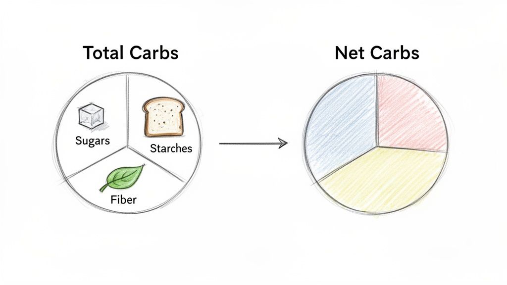 Diagram comparing total carbs (sugars, starches, fiber) to net carbs, highlighting fiber's exclusion.