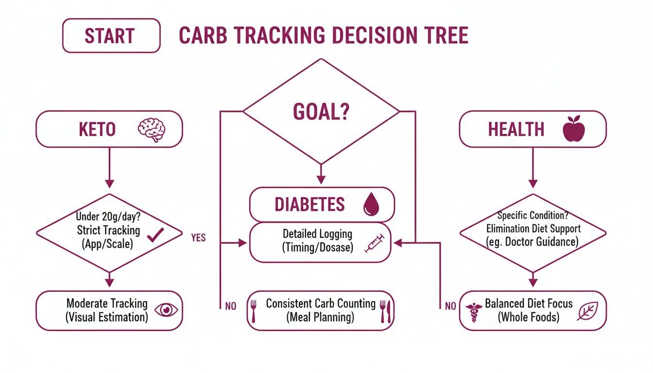 Carb tracking decision tree showing different methods based on keto, diabetes, or health goals.