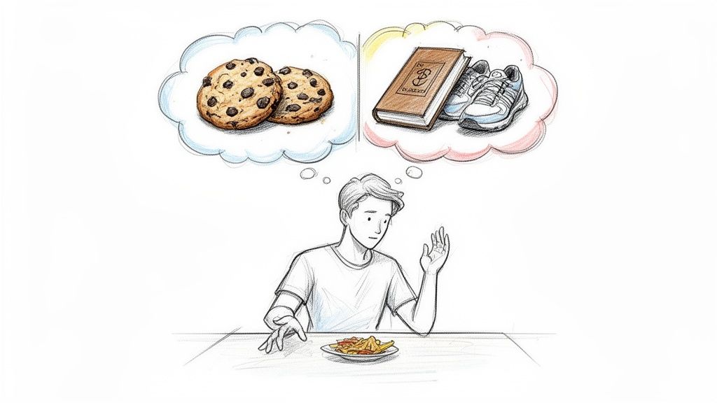 A man sits at a table, contemplating a choice between indulgent cookies and healthy running shoes and a book.