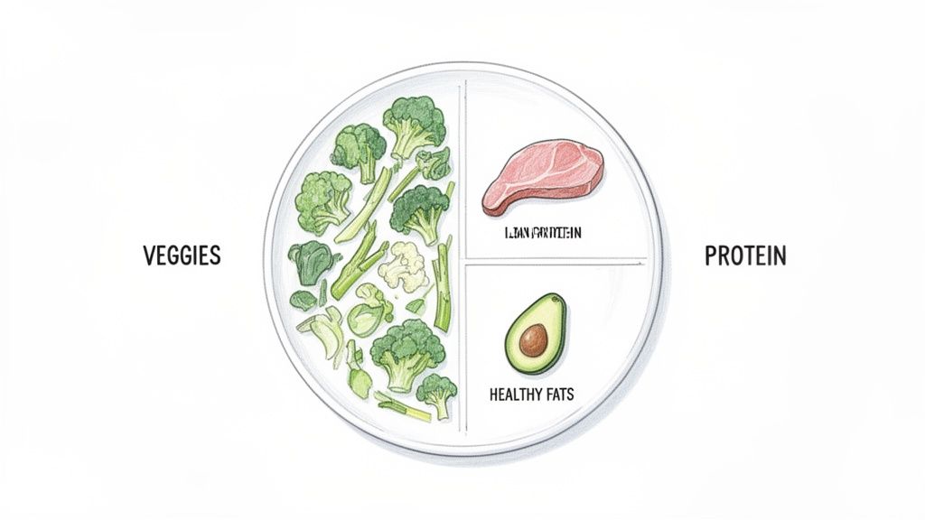 An illustration of a segmented plate showing healthy eating portions: veggies, lean protein, and healthy fats.