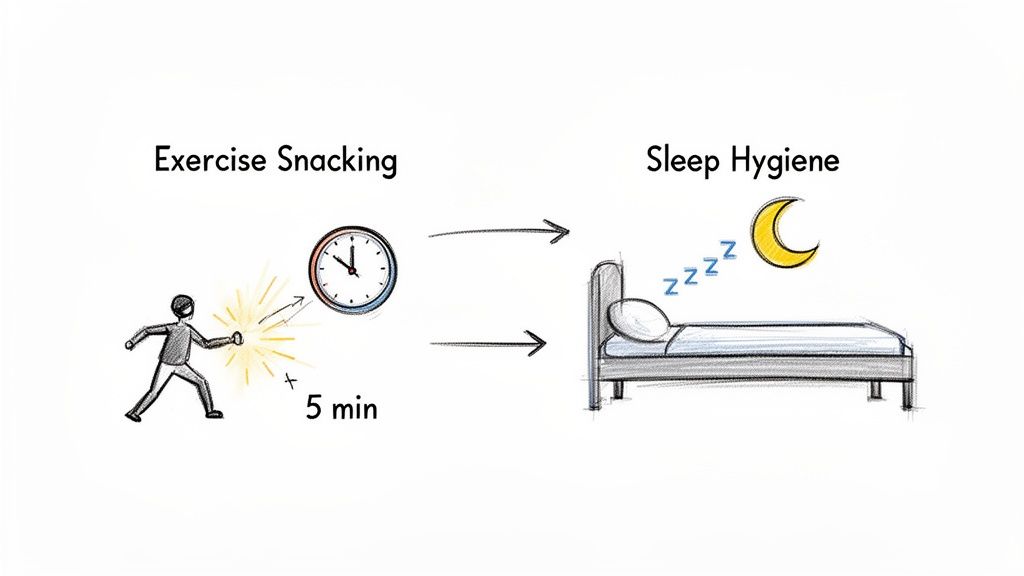 Illustration showing a person exercising for 5 minutes, leading to improved sleep hygiene with a bed and moon.