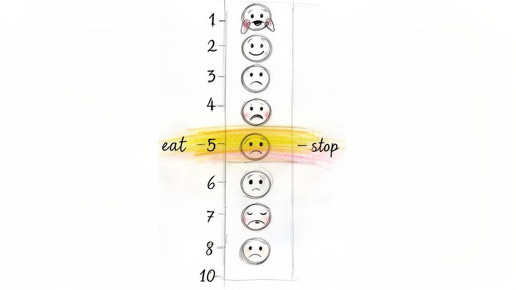 A hunger scale with emojis from 1 to 10, highlighting level 5 with 'eat' and 'stop'.