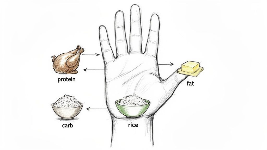 An illustration of a hand showing recommended portion sizes for protein (chicken), carbs (rice), and fat (butter).