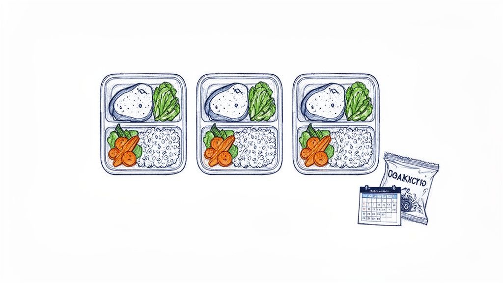 Three meal prep containers with balanced portions of protein, vegetables, and rice, next to a calendar and snack.