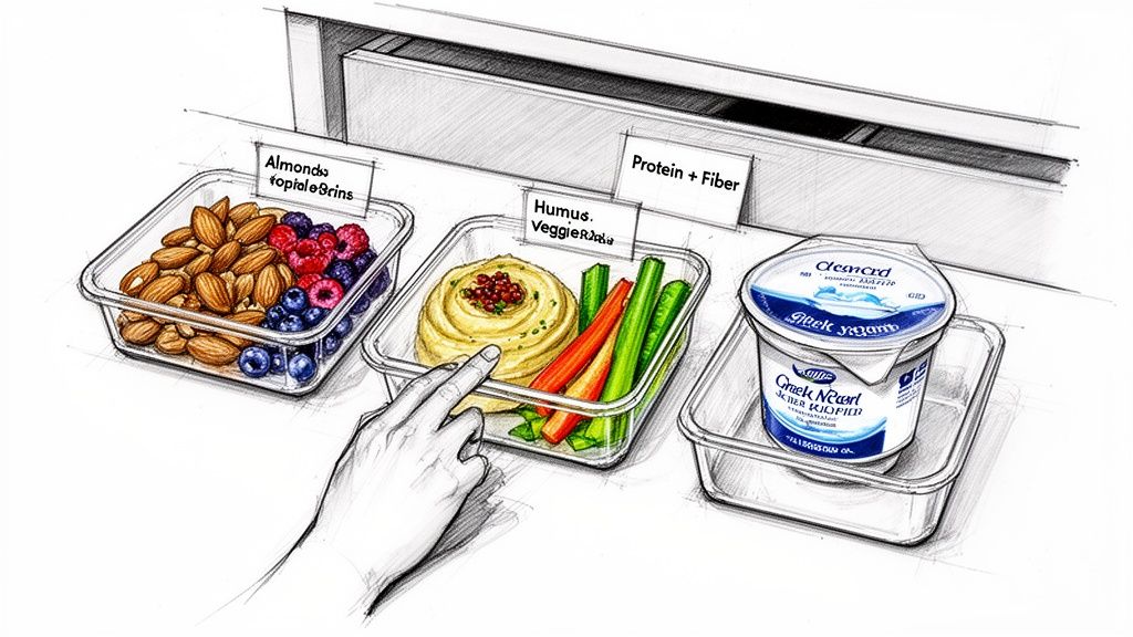 An illustration of healthy snack options in clear containers: almonds, berries, hummus with vegetables, and Greek yogurt.