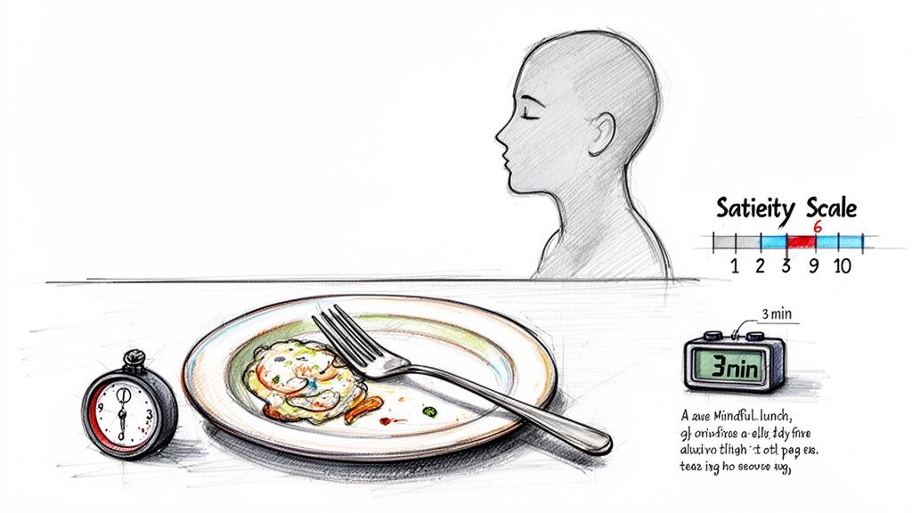 Illustration of mindful eating showing a person, a meal, a timer, and a satiety scale at 6.