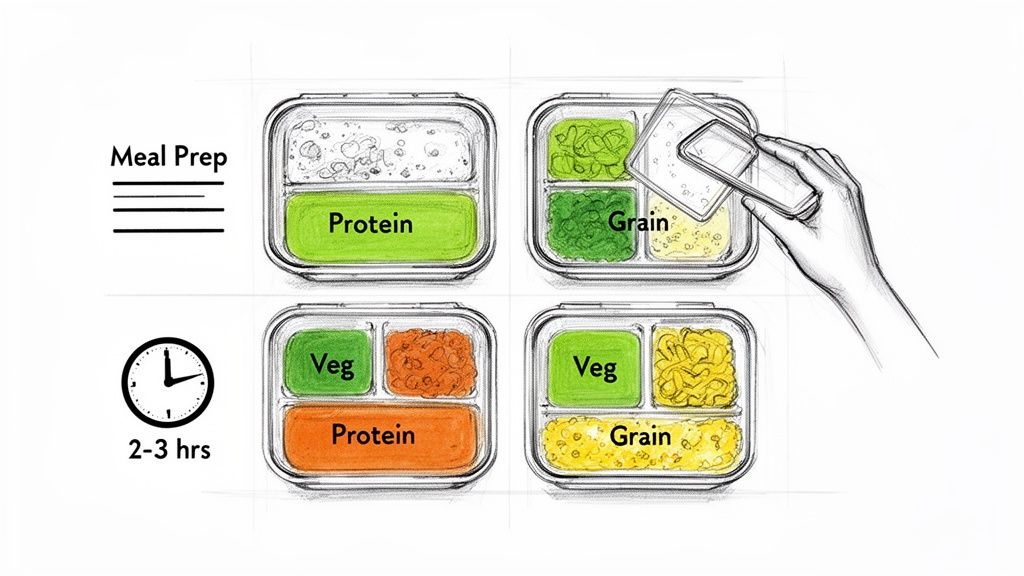 Sketch illustrating meal prep containers with sections for protein, vegetables, and grains for healthy meals.