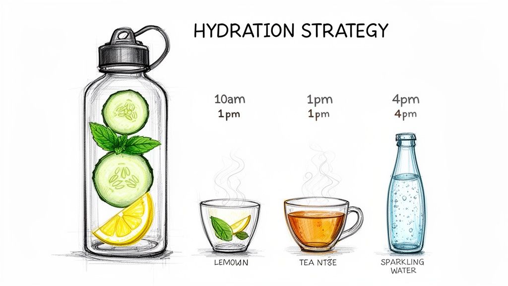 Illustration of a hydration strategy with various drinks like infused water, lemon water, tea, and sparkling water for different times.