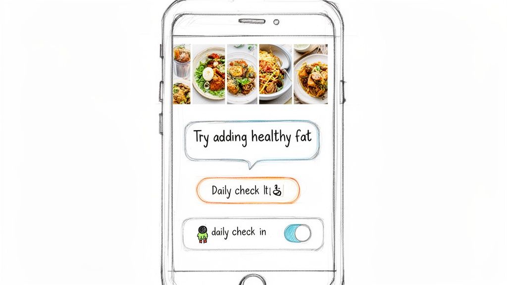 Sketch of a smartphone displaying a nutrition app with food photos, health tips, and a daily check-in.