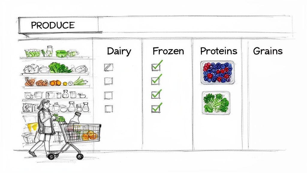 A person with a shopping cart in a grocery store aisle with a checklist for meal planning.