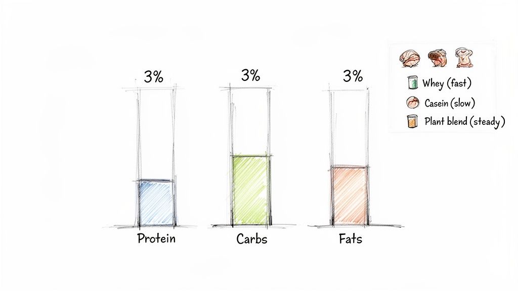 Bar charts illustrating 3% macronutrient content for protein, carbs, and fats, with a protein type legend.