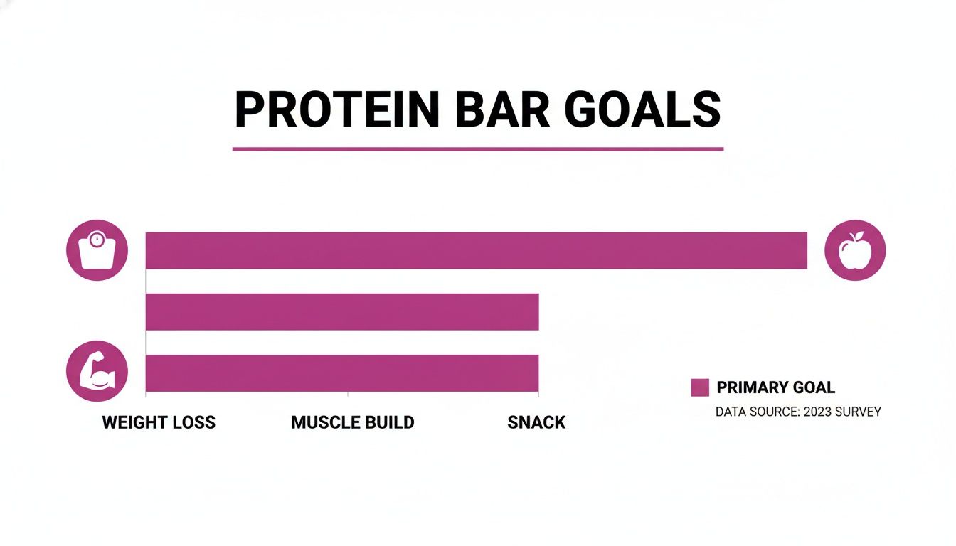 Bar chart illustrating primary protein bar goals from a 2023 survey: weight loss, muscle build, and snack.