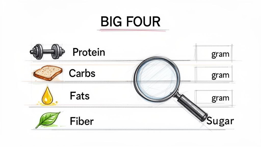 Infographic showing 'BIG FOUR' nutrients: Protein, Carbs, Fats, and Fiber, with icons. Sugar is highlighted.