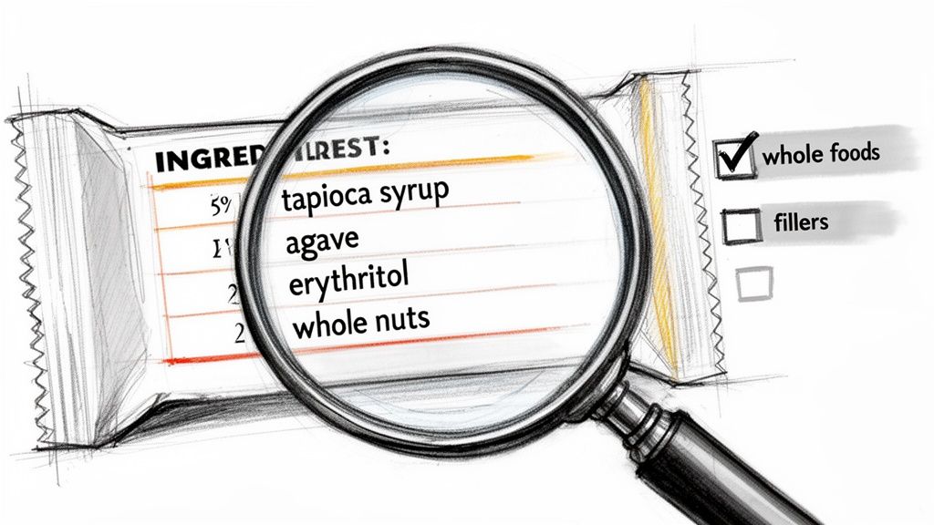 Magnifying glass highlights a food ingredient list, showing whole nuts and a checked 'whole foods' box.