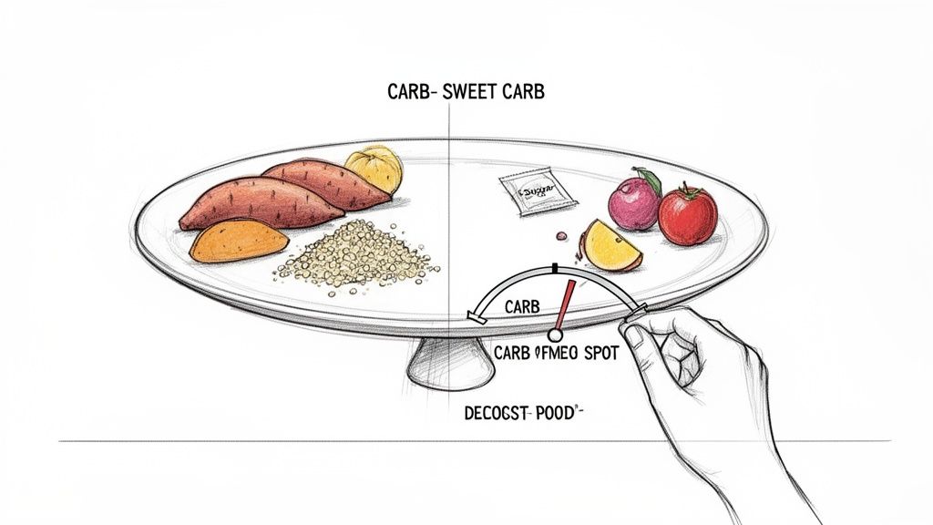 Illustration showing a plate with complex carbs (sweet potato, quinoa) and simple sugars (fruit, sugar packet) with a carb meter.
