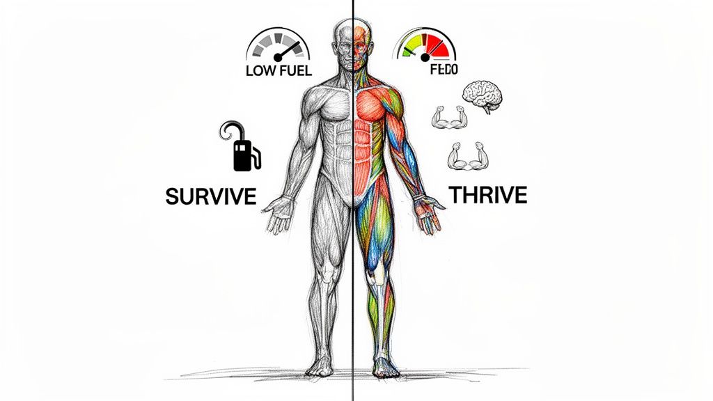 Illustration comparing human body states: 'SURVIVE' (low fuel, grey) versus 'THRIVE' (muscular, colorful, full gauge).