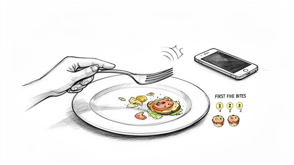 Sketch of a hand with a fork over a plate of food, distracted by a ringing smartphone, illustrating eating habits.