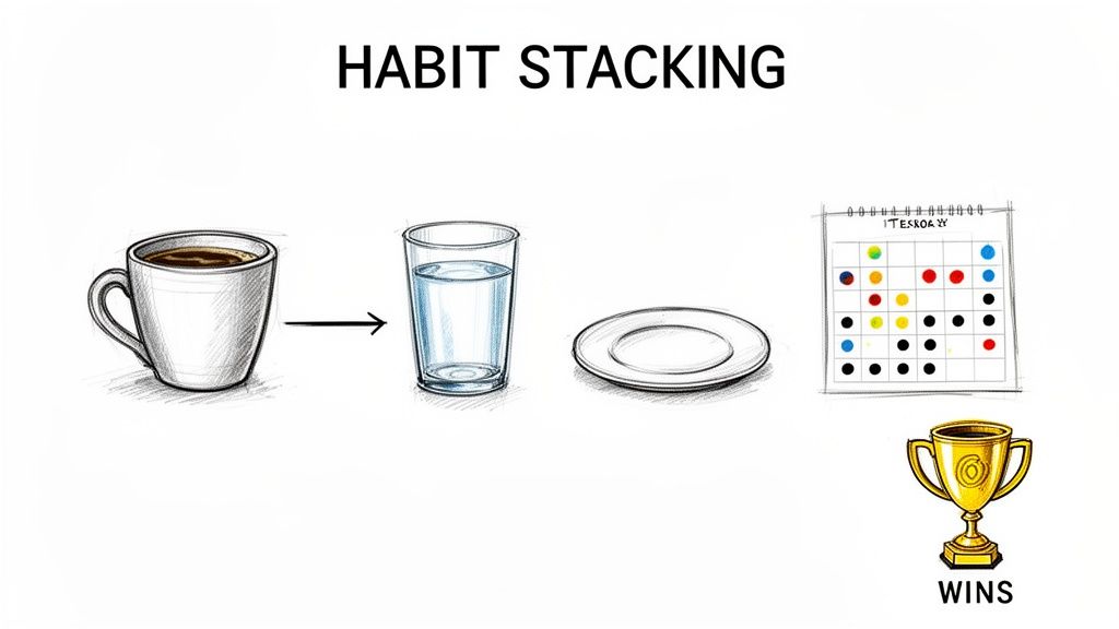 A visual guide to habit stacking, showing daily routines leading to successful outcomes.