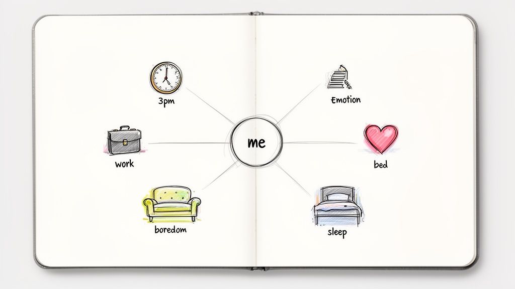 A hand-drawn mind map centered on 'me,' connecting to work, emotions, sleep, boredom, and time.