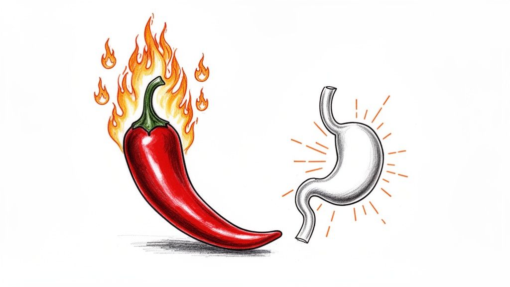 A flaming red chili pepper next to an irritated stomach, symbolizing spicy food causing digestive issues.