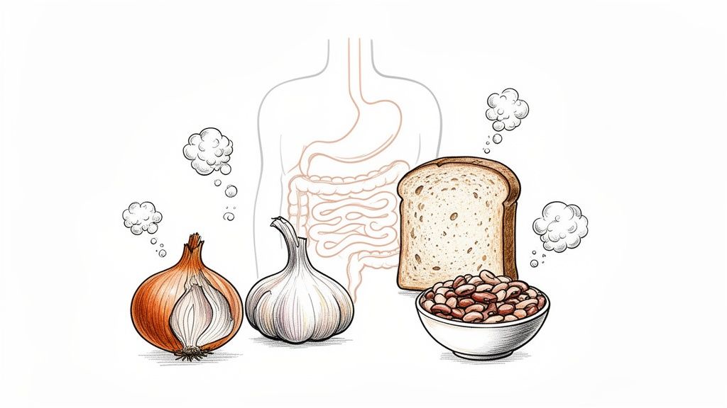 Illustration of foods like onion, garlic, bread, and beans causing gas next to a human digestive system.
