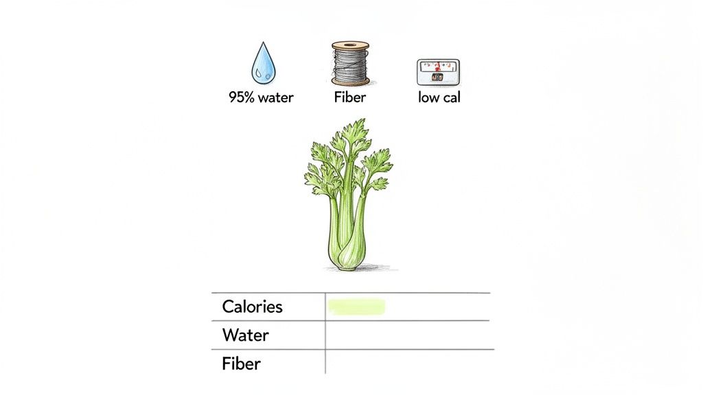 An illustration detailing the nutritional benefits of celery, highlighting its high water and fiber content, and low calories.