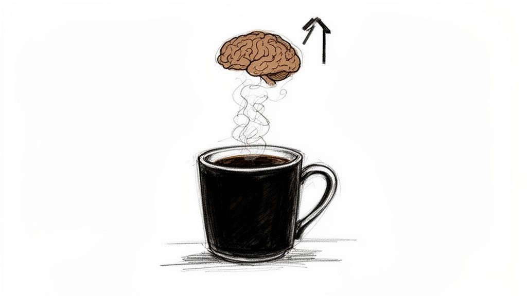 A steaming coffee cup with a brain emerging from the steam, next to an upward arrow.