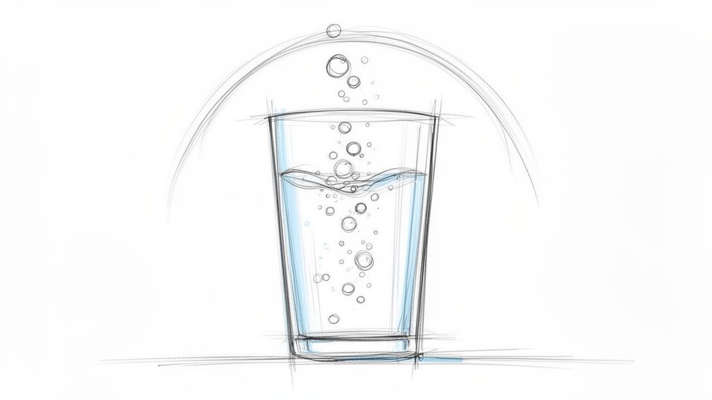 A hand-drawn sketch of a glass of bubbly water with an arc and bubbles above it.