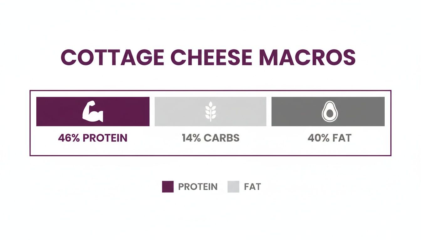 Infographic displaying cottage cheese macronutrient breakdown: 46% protein, 14% carbs, 40% fat.