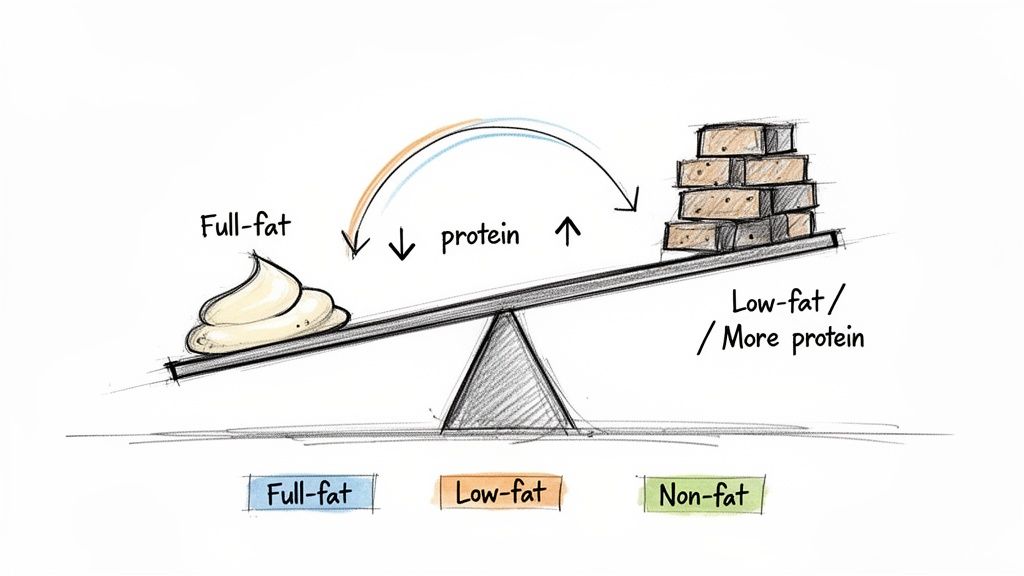 A seesaw illustrates the difference between full-fat (low protein) and low-fat/high-protein foods.