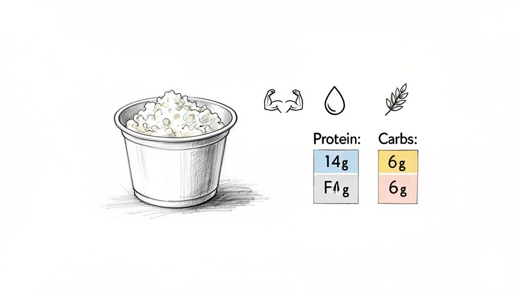 Sketch of a cottage cheese cup displaying protein, fat, and carb macro nutrient content.