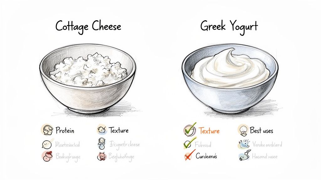 A comparison of cottage cheese and Greek yogurt in bowls, highlighting their texture and uses.