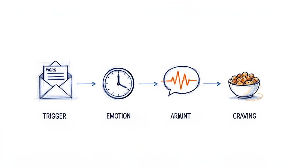 A diagram illustrates how a work trigger leads to emotion, arousal, and ultimately food craving.