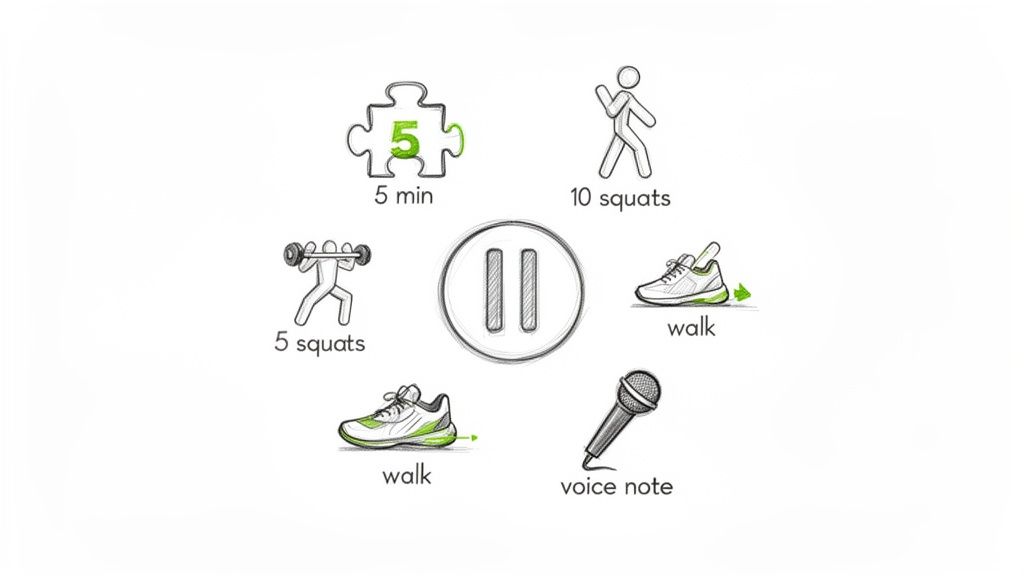 A diagram shows a central pause icon surrounded by six options: 5 min, 10 squats, 5 squats, walk, walk, and voice note.