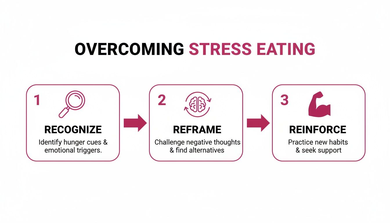 Infographic detailing a three-step process to overcome stress eating: Recognize, Reframe, Reinforce.