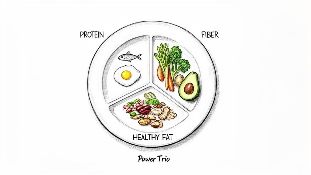 A segmented plate illustrating a 'Power Trio' of Protein, Fiber, and Healthy Fat for balanced nutrition.