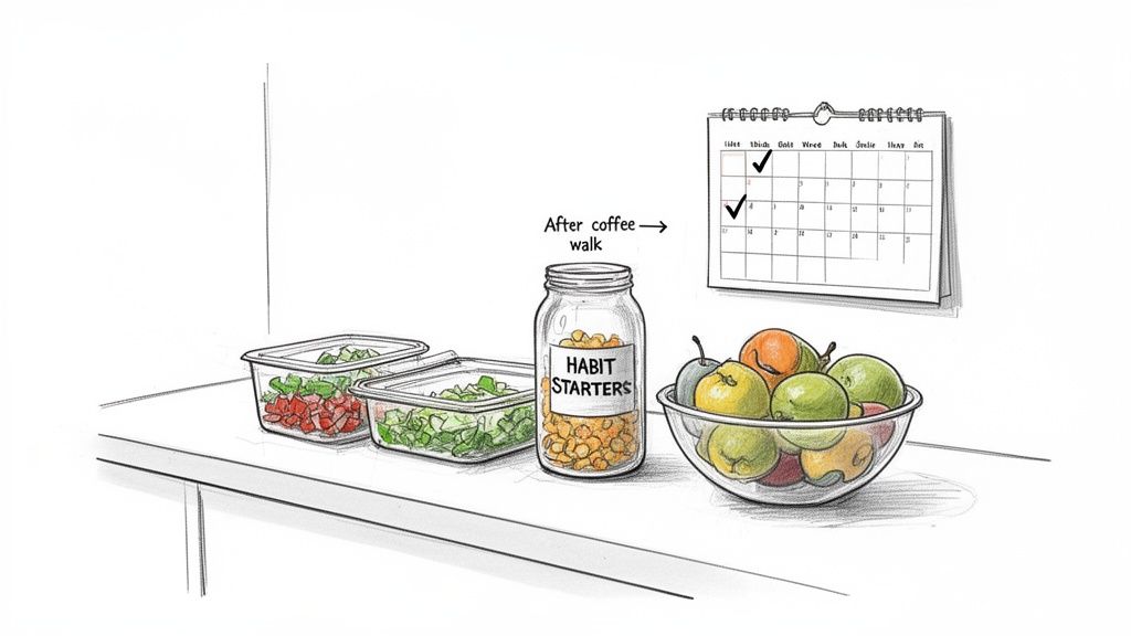 An illustration showing prepped food, a 'Habit Starters' jar, a fruit bowl, and a calendar tracking tasks, symbolizing routine.