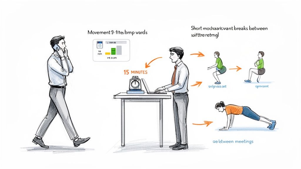 Illustration of a person integrating walking and exercise breaks like squats and planks into a busy work day.