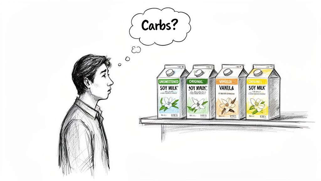 A sketched illustration of a person deciding between four different cartons of soy milk while considering carbohydrates.
