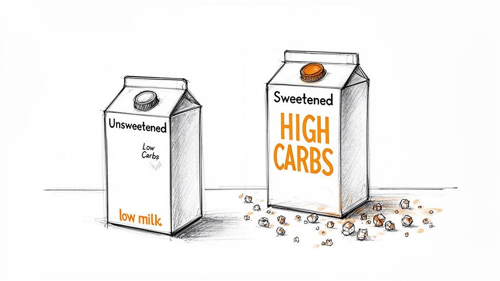 A pencil sketch comparing an unsweetened, low carb milk carton to a sweetened, high carbohydrate milk carton.