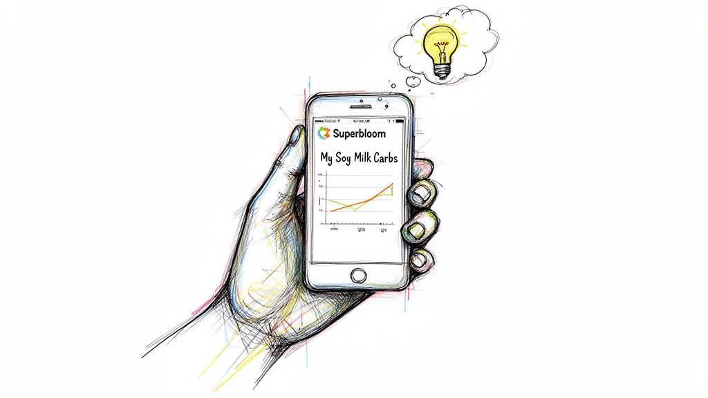 A sketched hand holds a smartphone displaying a graph about soy milk carbs with a lightbulb idea bubble.
