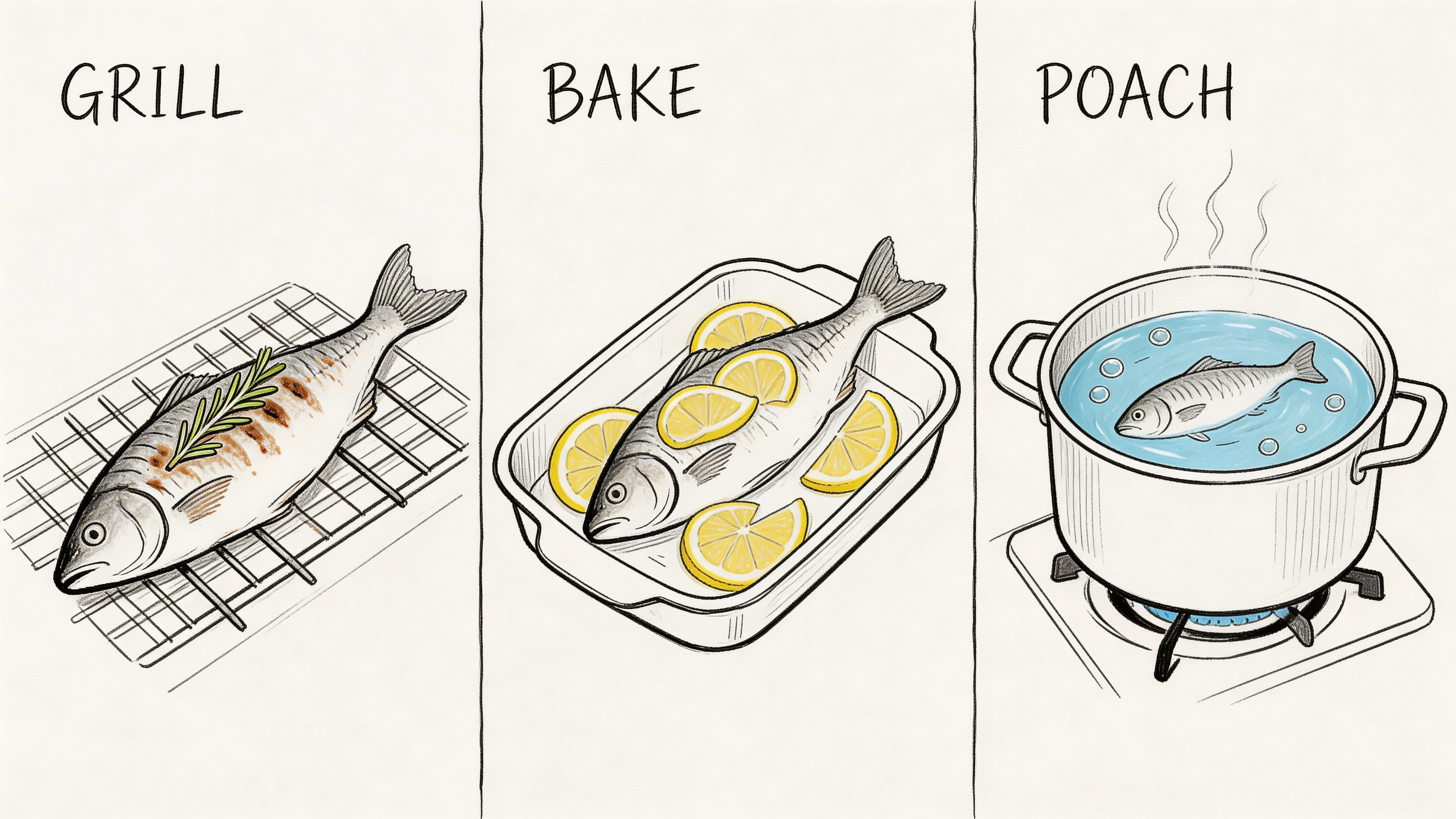 A line drawing illustration showing three methods for cooking fish: grilling, baking, and poaching in water.