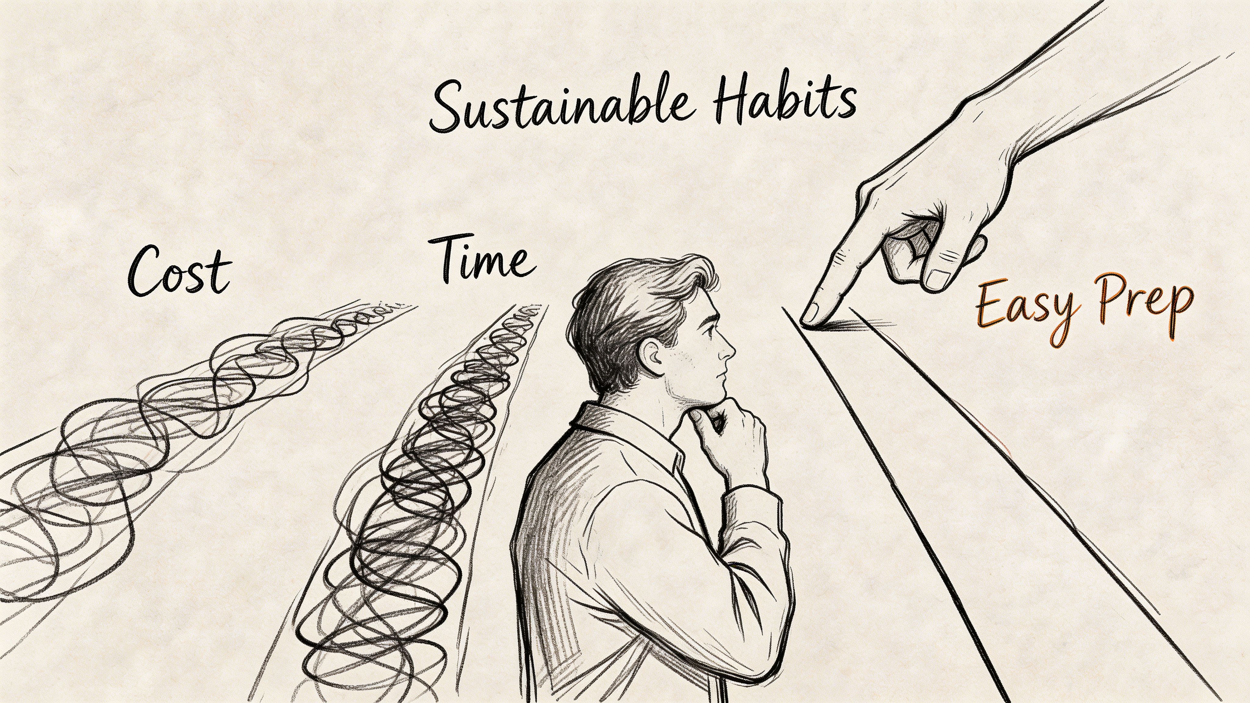 A person contemplating three paths labeled Cost, Time, and Easy Prep under the title Sustainable Habits.