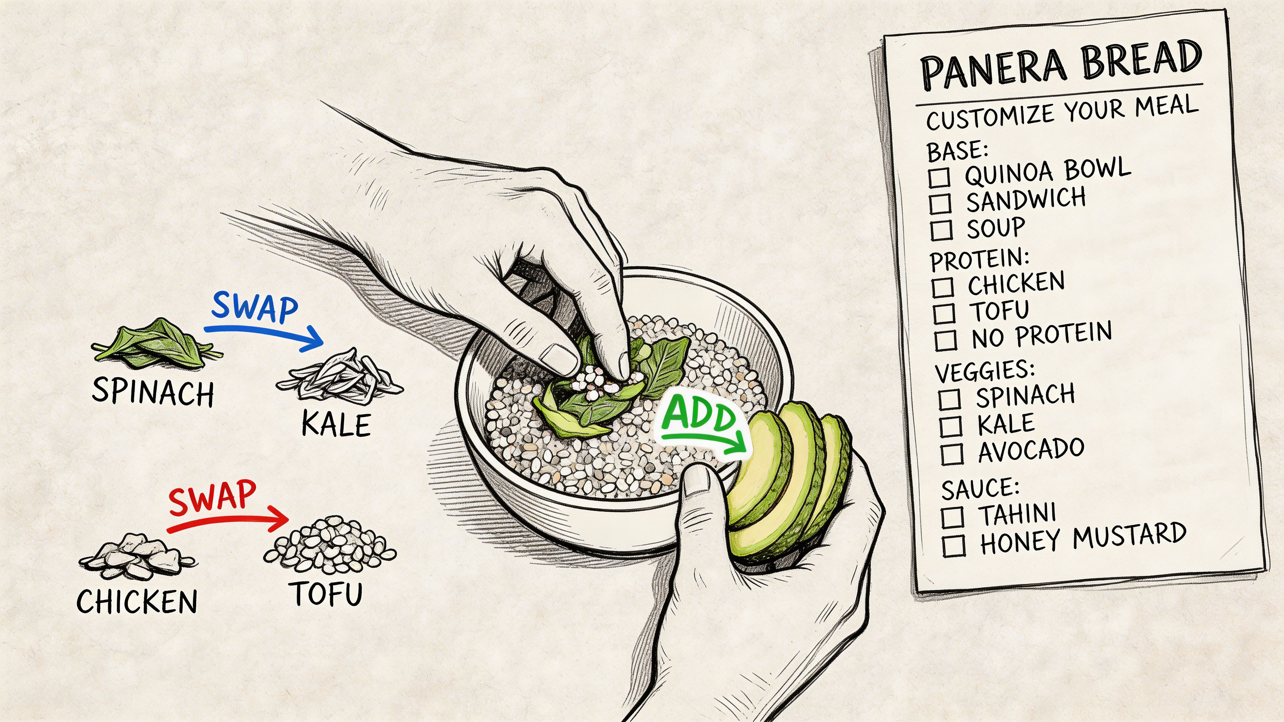 A hand-drawn illustration showing someone customizing a healthy Panera Bread bowl with various fresh ingredients and options.