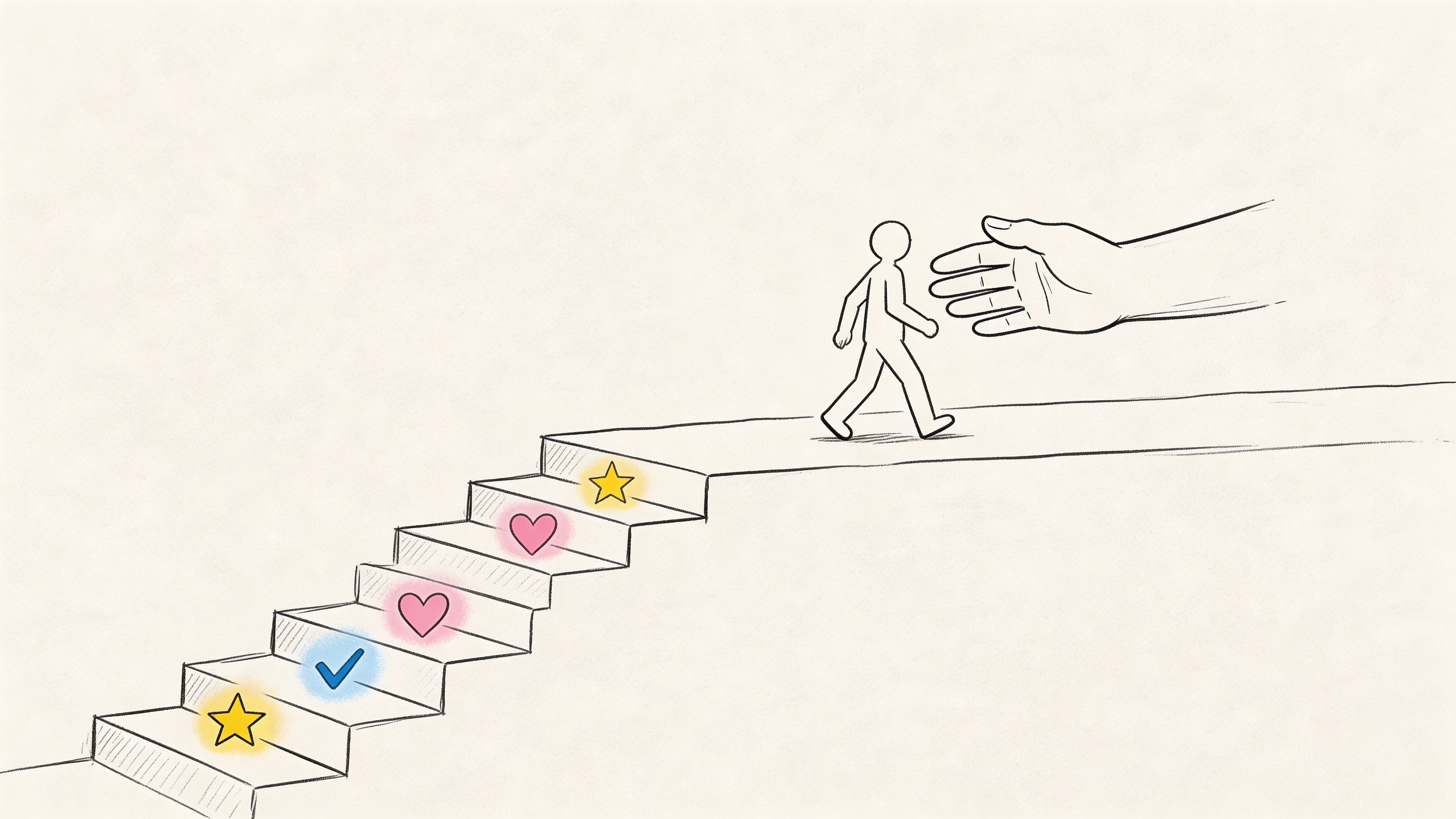A simple sketch of a person walking up stairs towards an outstretched hand, representing progress and support.