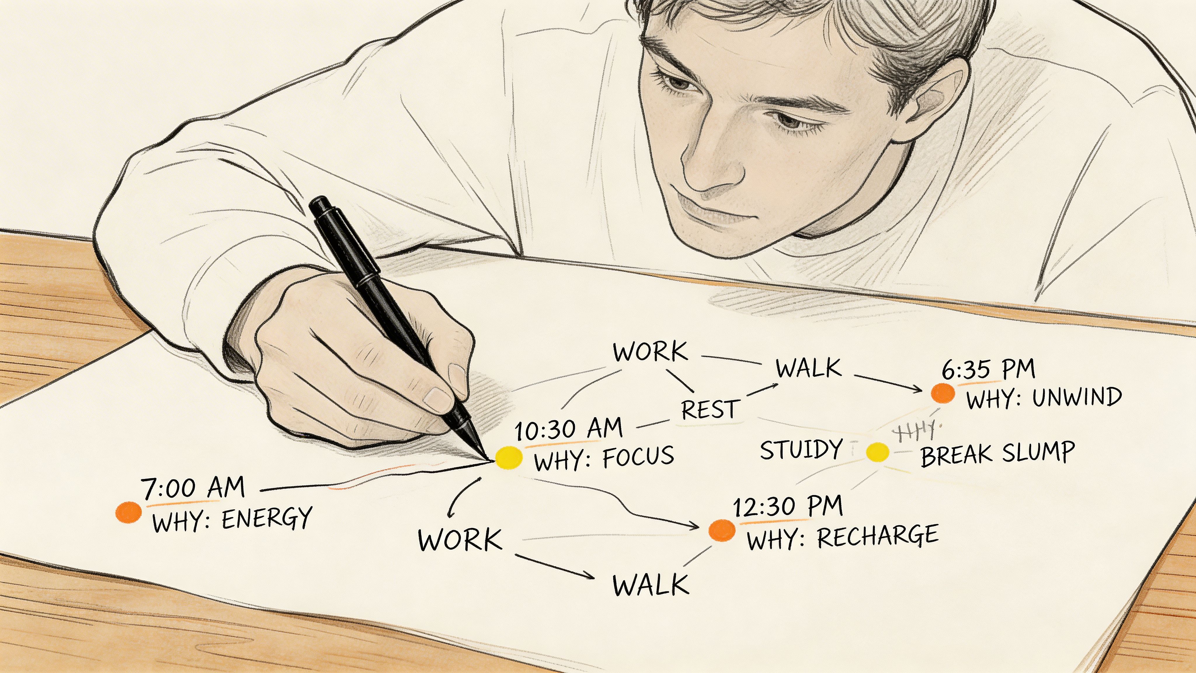 A person drawing a flowchart of daily activities and productivity goals on a piece of paper.