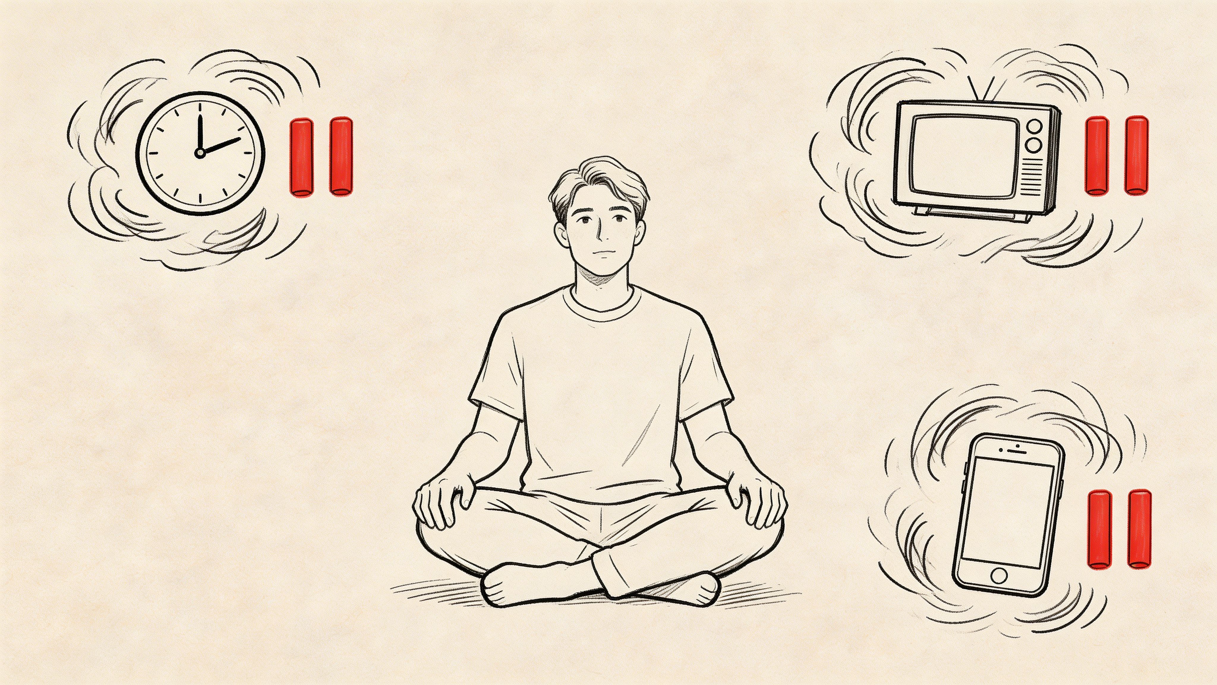A man meditating peacefully in the center, surrounded by icons of a clock, television, and smartphone, representing mindfulness.