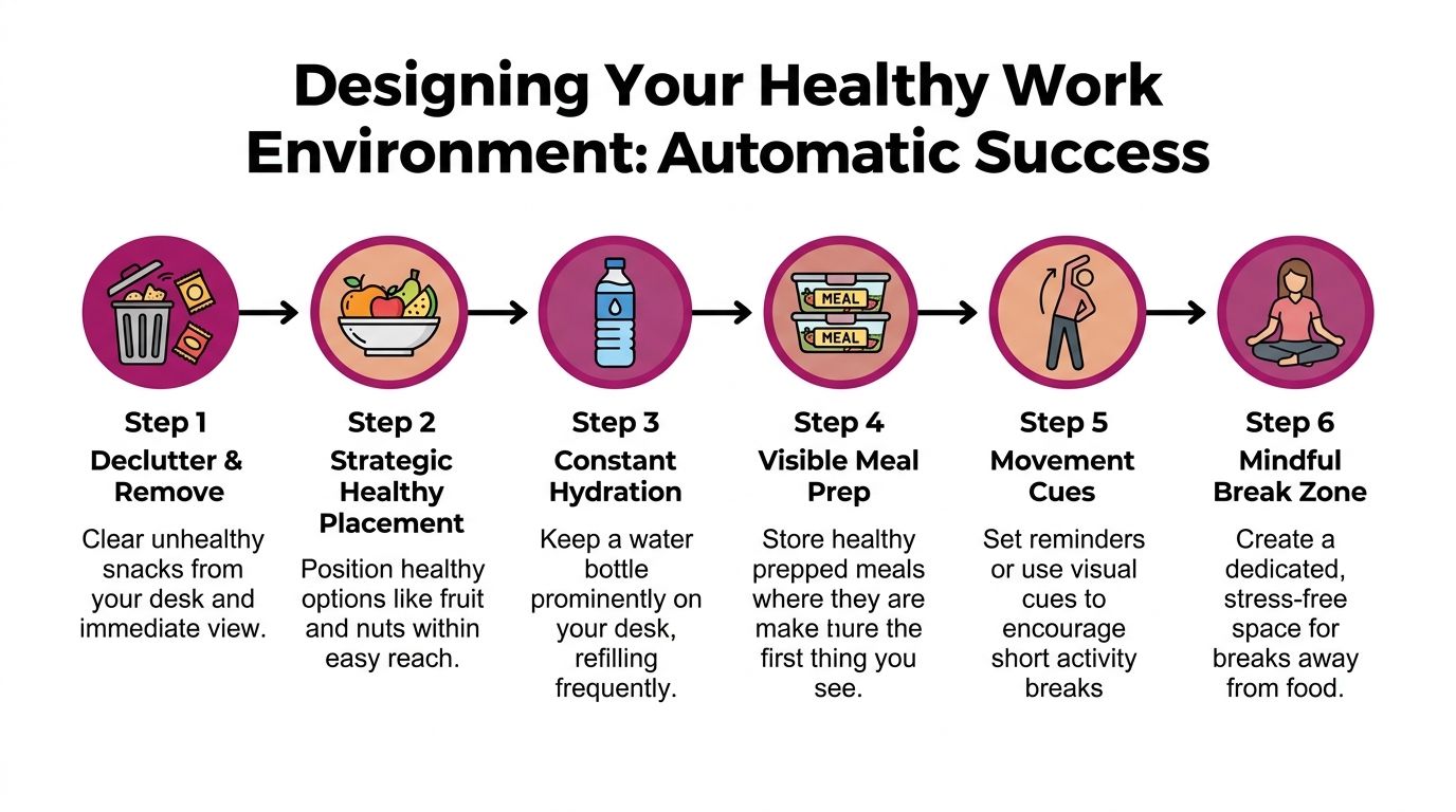 A six-step infographic guide on designing a healthy work environment to encourage better eating and lifestyle habits.